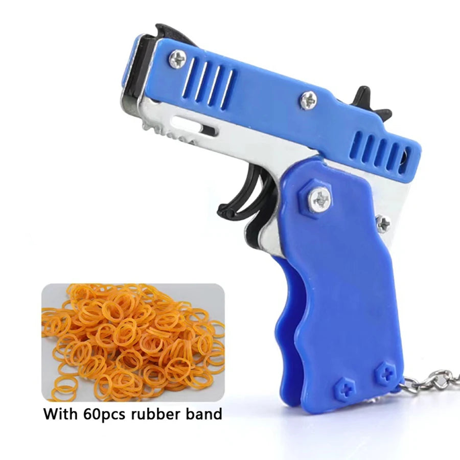 Metal Burst Rubber Band Toy - Mini Folding Launcher Toy With Keychain And 60pcs Rubber Bands,Perfect Gift for Christmas
