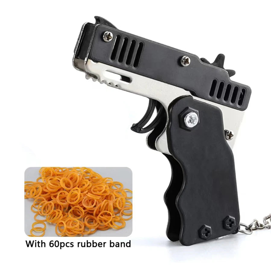 Metal Burst Rubber Band Toy - Mini Folding Launcher Toy With Keychain And 60pcs Rubber Bands,Perfect Gift for Christmas
