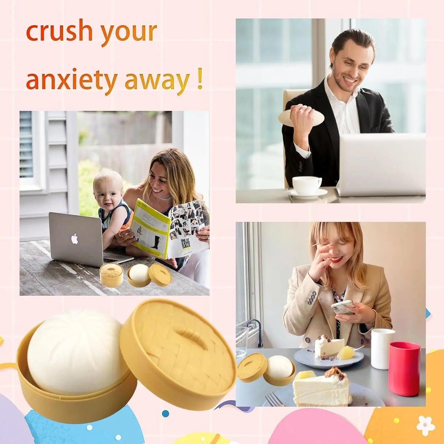 Colorful Dumpling Squishes Stress Balls Fidget Sensory Toys Simulation Food Squishies Bun with Steamer Squeeze Dough Ball Gifts