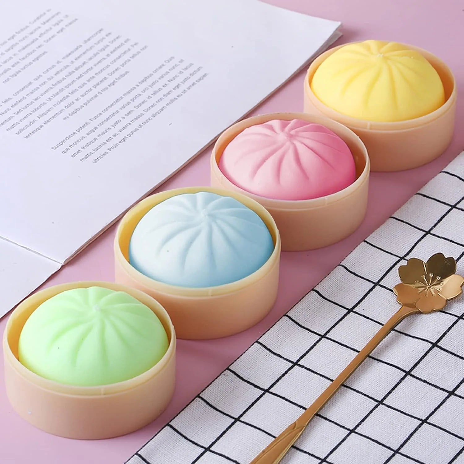 Colorful Dumpling Squishes Stress Balls Fidget Sensory Toys Simulation Food Squishies Bun with Steamer Squeeze Dough Ball Gifts